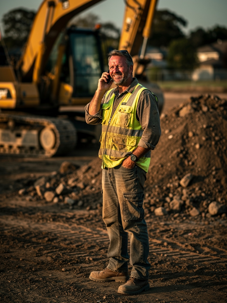Excavation contractor in a hi-vis vest taking a phone call in front of a parked excavator